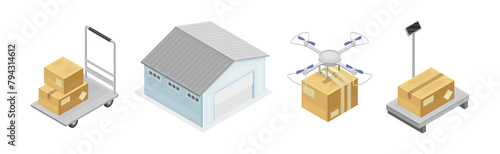 Warehouse and Storehouse with Cardboard Box Isometric Vector Set