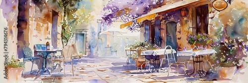 A charming street cafe scene, depicted in watercolor washes of lavender and mint, capturing the essence of a peaceful afternoon