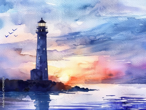 A charming watercolor illustration of a lighthouse standing tall against a sky washed in light blues and purples, guiding ships home