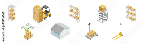 Warehouse and Storehouse with Cardboard Box Isometric Vector Set © Happypictures