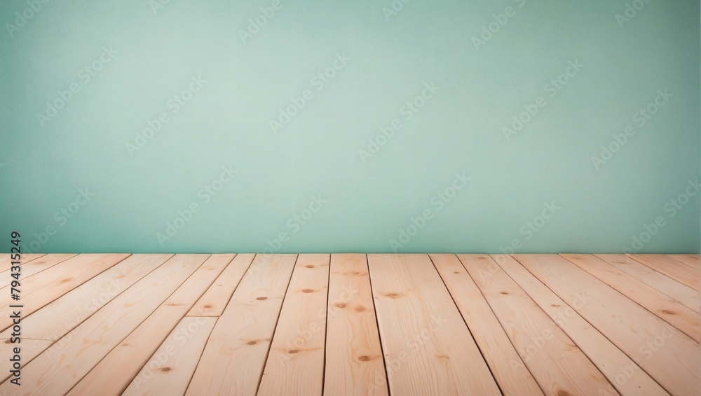 Minty Fresh, Empty Wooden Deck Table on a Soft Peach Wallpaper Background.
