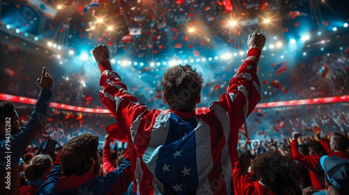 Fan in the colors of the US team in a large stadium spread his arms to the sides, rejoicing in the victory of his country America. Fan at the stadium cheers for his favorite team.