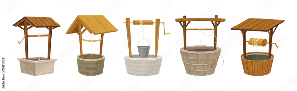 Water Well as Rustic Stone and Wood Structure Vector Set Water Well as Rustic Stone and Wood Structure Vector Set