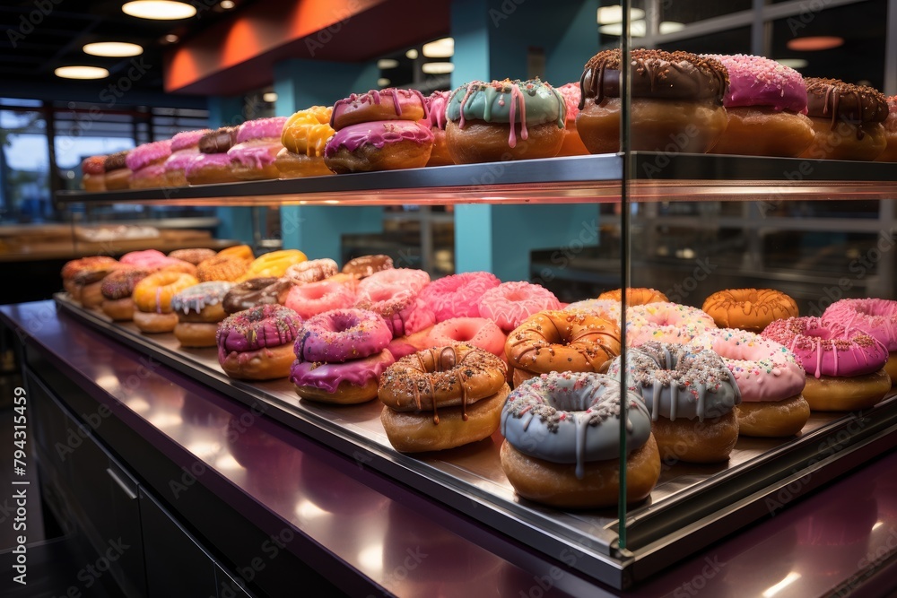 Colorful showcase of delicious donuts., generative IA