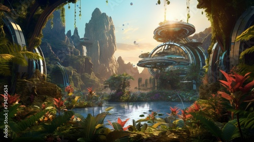 Illustrate a cybernetic jungle on a terraformed planet, blending organic growth with metallic structures, where robotic explorers navigate through dense vegetation under a neon-lit sky, showcasing a f