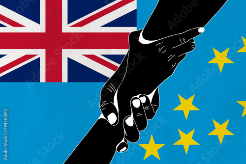 Helping hand against the Tuvalu flag. The concept of support. Two hands taking each other. A helping hand for those injured in the fighting, lend a hand