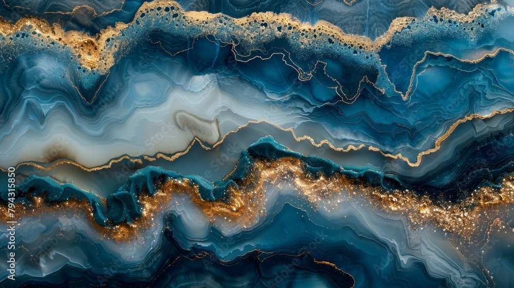 Abstract painting featuring blue, gold, and white wave forms Gold line running through image's center Abstract painting featuring blue, gold, and white wave forms Gold line running through image's center