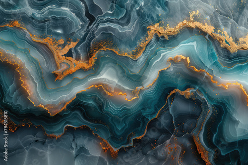 Abstract blue and gold marble pattern, in the style of hyper realistic. Created with Ai