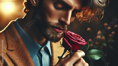 Chico oliendo una rosa roja por Sant Jordi photo