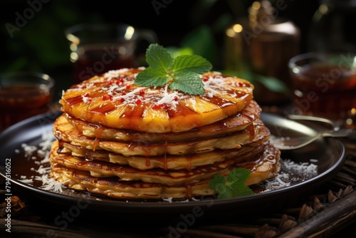 Golden pancakes with grilled pineapple and grated coconut., generative IA
