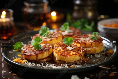 Golden pancakes with grilled pineapple and grated coconut., generative IA photo