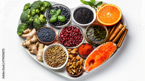 Heart shaped plate of healthy heart foods with acai, lentils, soy sauce, ginger, salmon, carrot, tomato, turmeric, cinnamon, walnuts, garlic, peppers, broccoli, basil, onion isolated on white