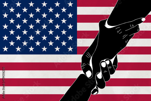 Helping hand against the United States flag. The concept of support. Two hands taking each other. A helping hand for those injured in the fighting, lend a hand