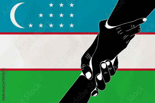 Helping hand against the Uzbekistan flag. The concept of support. Two hands taking each other. A helping hand for those injured in the fighting, lend a hand
