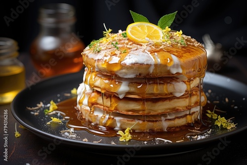 Golden pancakes with lemon and sugar., generative IA © JONATAS