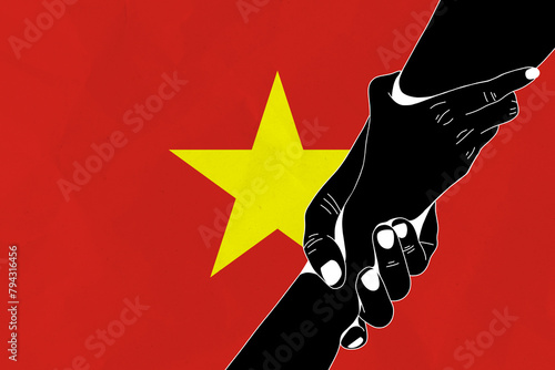 Helping hand against the Vietnam flag. The concept of support. Two hands taking each other. A helping hand for those injured in the fighting, lend a hand
