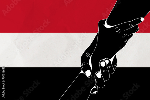 Helping hand against the Yemen flag. The concept of support. Two hands taking each other. A helping hand for those injured in the fighting, lend a hand