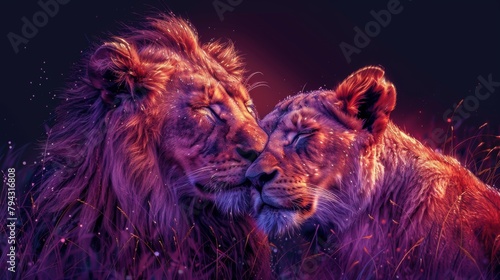A lion embraces a lioness in a depiction of pop art lions. Digital modern graphics. Layered. A lion embraces a lioness in a representation of pop-art lions on a purple background. photo