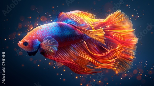 Abstract, neon, modern portrait of a fighting fish in watercolor style in a tropical setting. photo