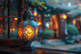 An ornate lantern with intricate designs glowing softly, casting warm light on the wooden table beside it. Created with Ai