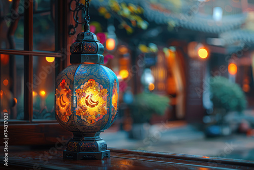 An ornate lantern with intricate designs glowing softly, casting warm light on the wooden table beside it. Created with Ai photo