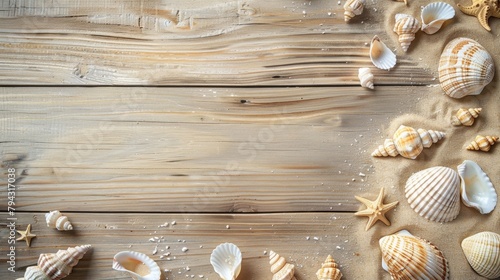 On a bright summer-colored wooden table, sand and shells are scattered on one side, a background with space to copy. photo