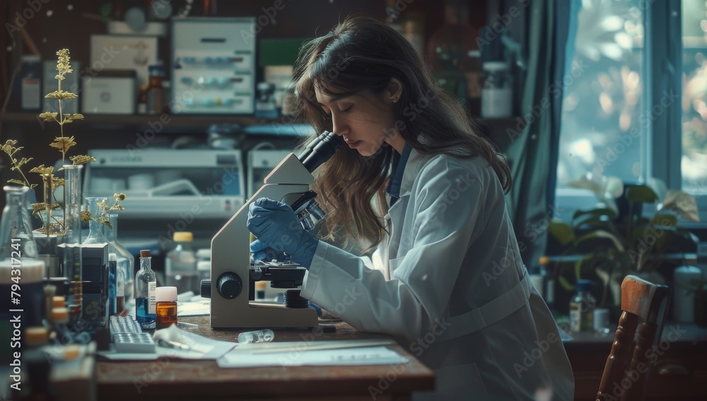 Female scientist working in a lab using a microscope, sitting at a desk wearing a white coat and blue gloves. 