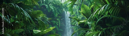 A lush tropical rainforest view, the canvas alive with the vibrant greens of dense foliage, a waterfall cascading in the background, and exotic birds peeking through the leaves