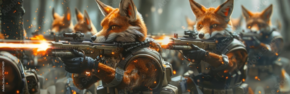 Fototapeta premium A pack of foxes, known for their cunning, dons armor designed for maximum agility and wields highprecision assault rifles mounted on their backs, picking off enemies from a distance
