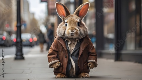 A city sidewalk displays a bunny wearing a coat.