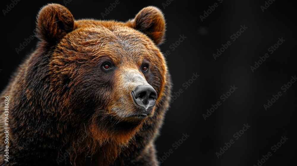 A brown bear stands against a black background in a color portrait.
