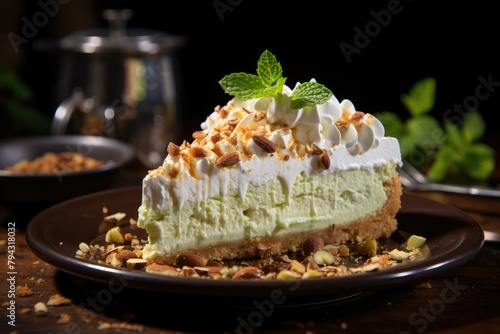 Pistachio pie with whipped cream and almonds.  generative IA