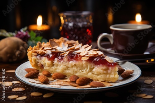 Pear pie with rustic table almonds., generative IA photo