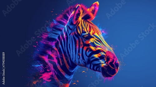 On a blue background  an abstract multicolored portrait of a zebra head can be seen