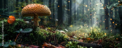 Mystical mushroom and moss scene with magical glowing lights in a dark forest