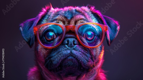 A multicolored abstract portrait of the head of the pug breed on a dark purple background. photo