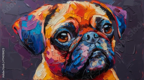 Dark purple background with an abstract multicolored portrait of a pug dog. photo