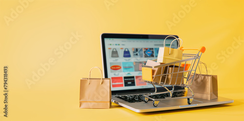 e-commerce, digital business, banner, cart, items, online shopping, laptop, sales platform, market, marketplace, consumerism, web, advertising, purchase, products, consumption, digital. photo