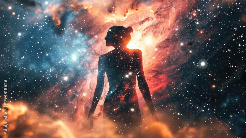 The double exposure picture of adult female human with galaxy or universe in great enormous space that starring into beautiful bright galaxy space that filled with uncountable amount of star. AIGX03.