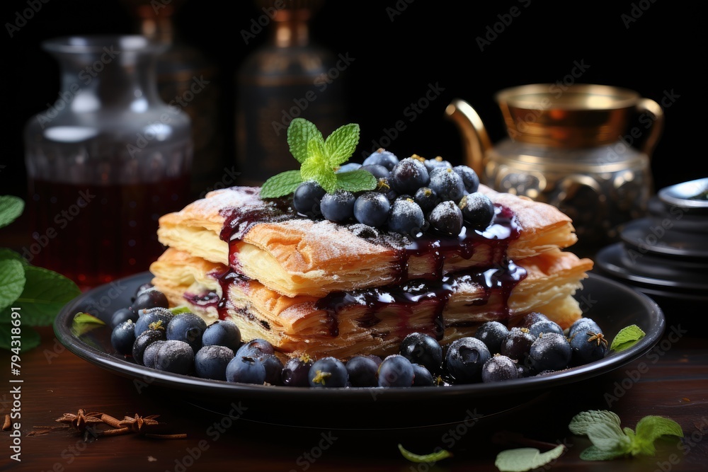 Golden and fresh blueberry pie with mint., generative IA Golden and fresh blueberry pie with mint., generative IA