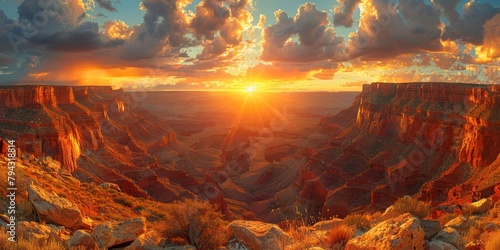 A stunning sunset over the Canyon, showcasing the vibrant colors of the majestic landscape. photo