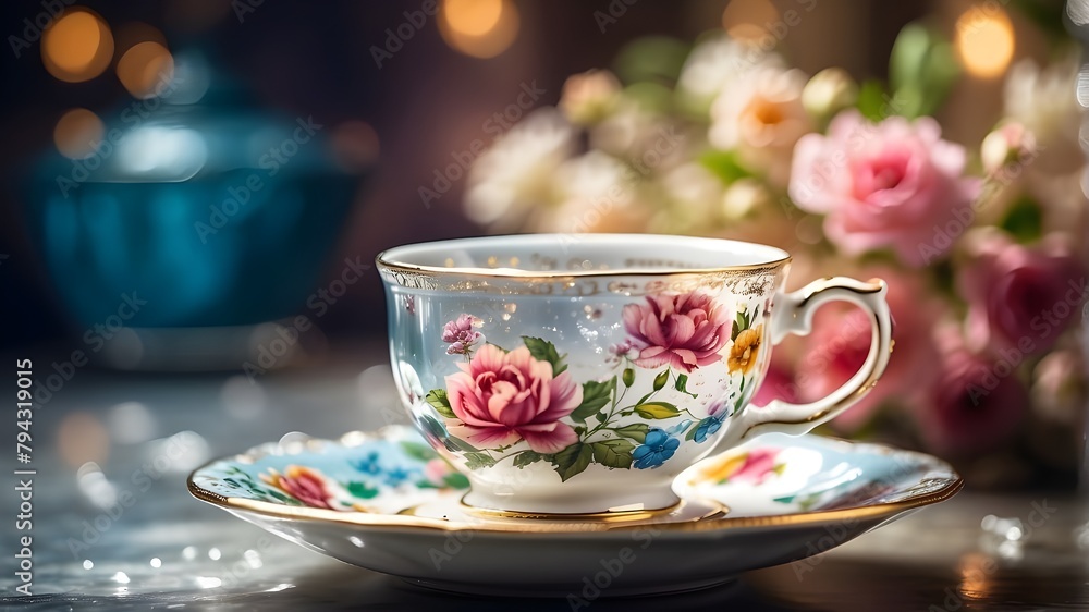 An antique floral teacup with a gentle bokeh background splashing water on a reflecting surface An antique floral teacup with a gentle bokeh background splashing water on a reflecting surface