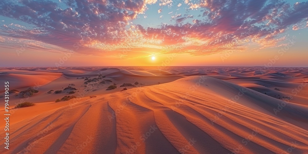 A mesmerizing desert sunset with golden sands, vivid skies, and a sense of adventure.