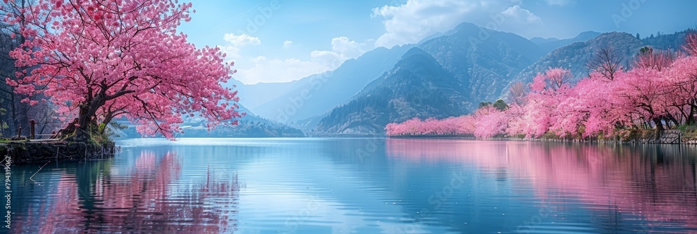 Majestic scenery of a tranquil lake nestled among mountains, surrounded by lush forest and serene skies.