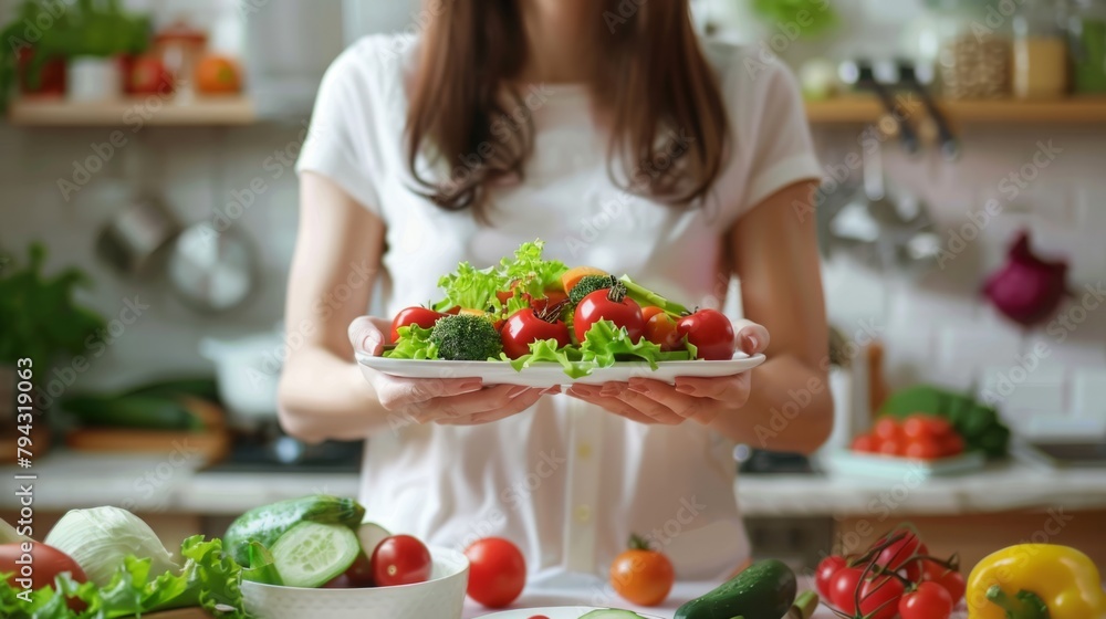 Woman Holding Plate of Vegetables in Kitchen Woman Holding Plate of Vegetables in Kitchen