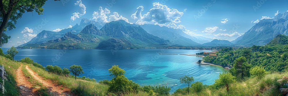A panoramic view of a turquoise lake surrounded by majestic mountains and lush green forests.