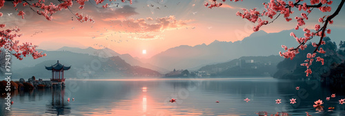 A calm morning by the lake, with majestic mountains, serene water, and a stunning sunrise.