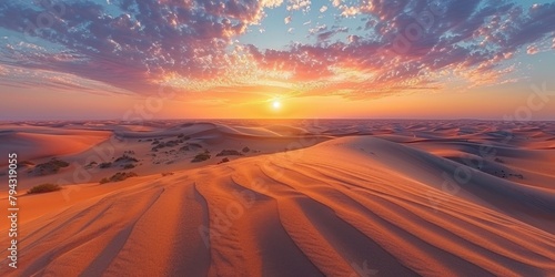 A mesmerizing desert sunset with golden sands, vivid skies, and a sense of adventure.