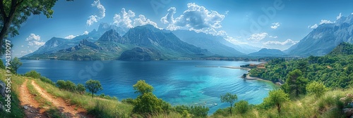 A panoramic view of a turquoise lake surrounded by majestic mountains and lush green forests.