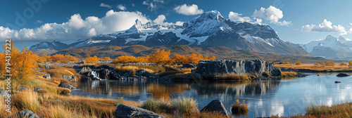 Amidst stunning scenery, a tranquil lake reflects snow-capped mountains, creating a colorful autumn scene. photo